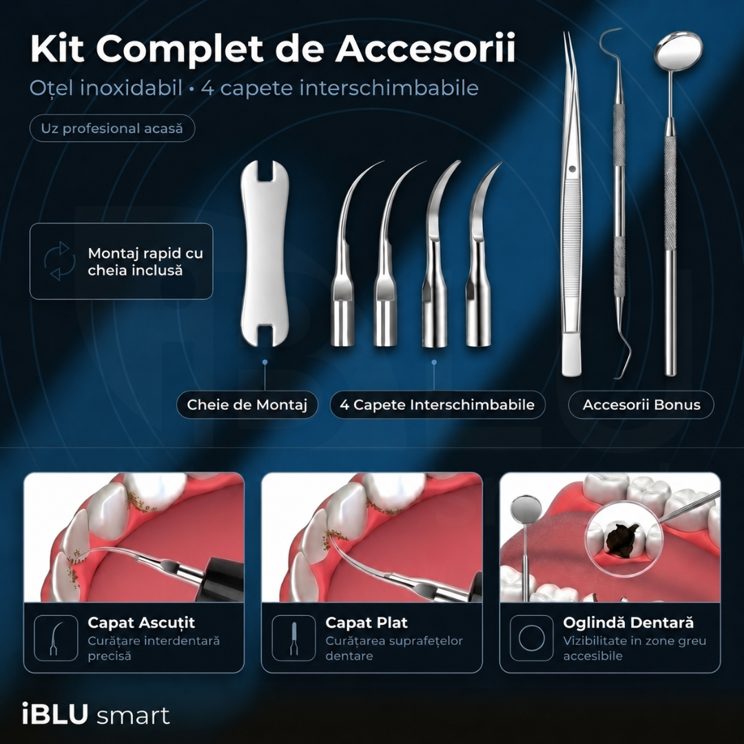 Kit complet accesorii aparat detartraj iBLU smart — 4 capete oțel inoxidabil, oglindă dentară și sondă incluse
