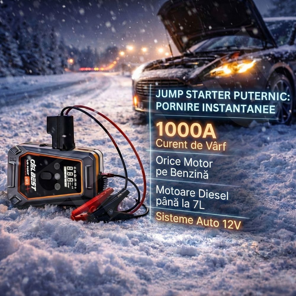 Jump Starter și Compresor Auto Portabil iBLU smart™, 1000A / 16000mAh, Funcție Powerbank USB și Oprire Automată la Umflare, Compatibil Motoare Diesel 7.0L și Benzină, USB-C