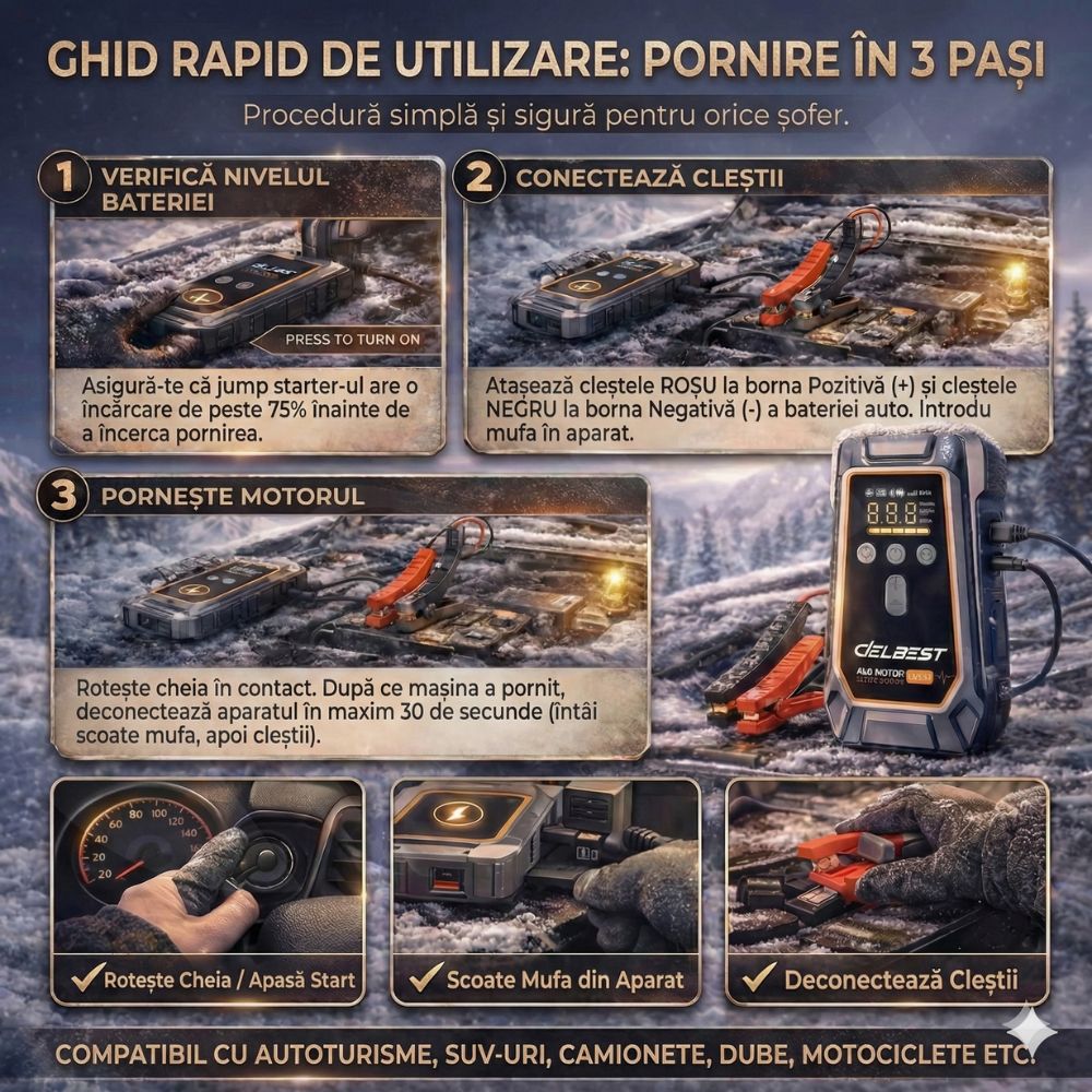 Jump Starter și Compresor Auto Portabil iBLU smart™, 1000A / 16000mAh, Funcție Powerbank USB și Oprire Automată la Umflare, Compatibil Motoare Diesel 7.0L și Benzină, USB-C