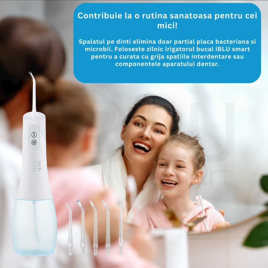 Irigator Oral Profesional pentru Duș bucal iBLU smart, Portabil, 1400-1800 Pulsatii/min, 6 Capete cu Rotație 360, 5 Programe de Lucru, Rezervor cu Gravity Ball Complet Detașabil 400 ml, IPX7 Waterproof, Timer 2min, Încărcare USB-C, Baterie 1100 mAh, Alb