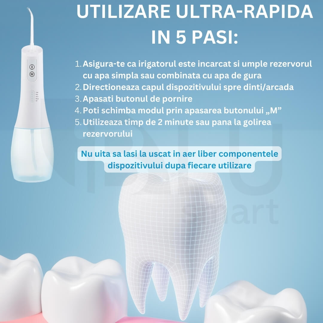 Irigator Oral Profesional pentru Duș bucal iBLU smart, Portabil, 1400-1800 Pulsatii/min, 6 Capete cu Rotație 360, 5 Programe de Lucru, Rezervor cu Gravity Ball Complet Detașabil 400 ml, IPX7 Waterproof, Timer 2min, Încărcare USB-C, Baterie 1100 mAh, Alb