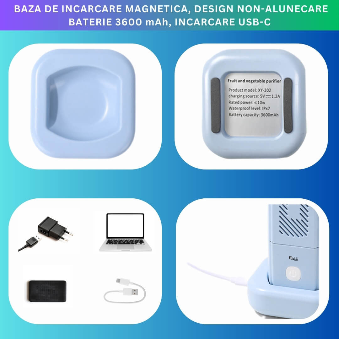 Purificator Alimente iBLU smart, Curatare, Sterilizare, Dezinfectare Fructe, Legume, Cereale sau Carne, Indeparteaza 99% din Bacterii, Pesticide si Hormonii din Mancare, Tehnologie OH-Ion, Portabil, IPX7 Incarcare Wireless prin Inductie, Albastru
