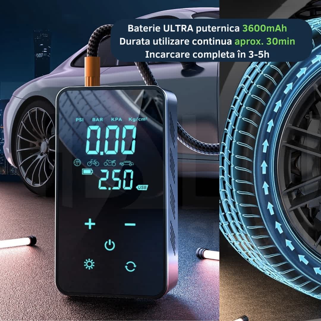 Compresor Auto Digital Portabil 6 în 1 iBLU smart, Multifuncțional, cu Lumină LED, Funcție Power Bank, Ecran LED Full-Touch, 101-150PSI, 12V, Oprire automată, 4 Moduri Presetate, 4 Capete și Săculeț Transport incluse, Încărcare USB-C, 45W, 410grame, Negru