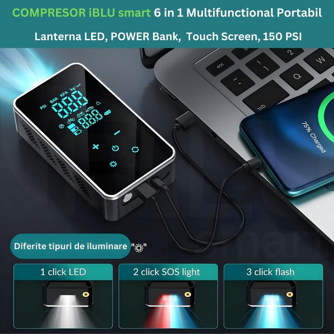 Compresor Auto Digital Portabil 6 în 1 iBLU smart, Multifuncțional, cu Lumină LED, Funcție Power Bank, Ecran LED Full-Touch, 101-150PSI, 12V, Oprire automată, 4 Moduri Presetate, 4 Capete și Săculeț Transport incluse, Încărcare USB-C, 45W, 410grame, Negru