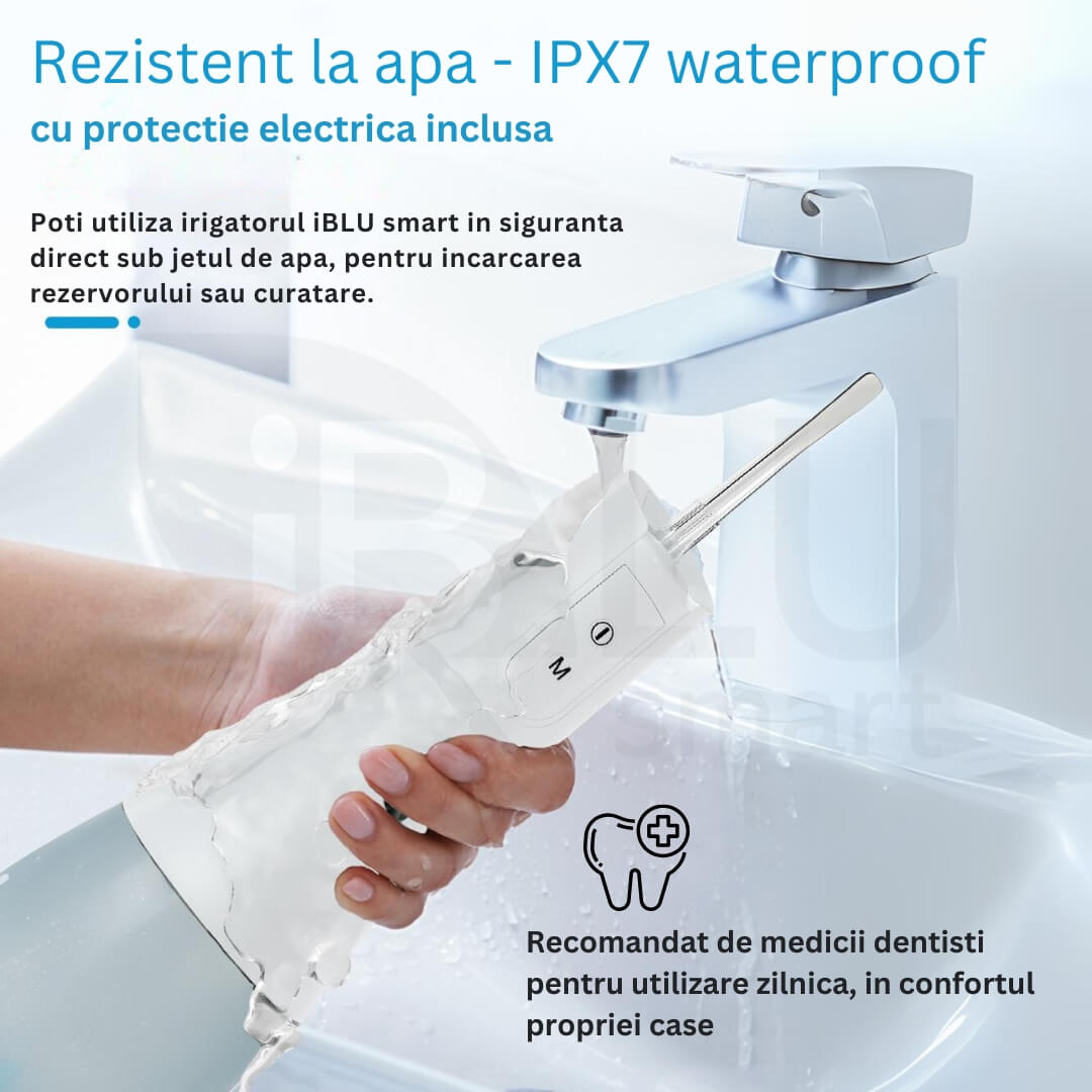Irigator Oral Profesional pentru Duș bucal iBLU smart, Portabil, 1400-1800 Pulsatii/min, 6 Capete cu Rotație 360, 5 Programe de Lucru, Rezervor cu Gravity Ball Complet Detașabil 400 ml, IPX7 Waterproof, Timer 2min, Încărcare USB-C, Baterie 1100 mAh, Alb