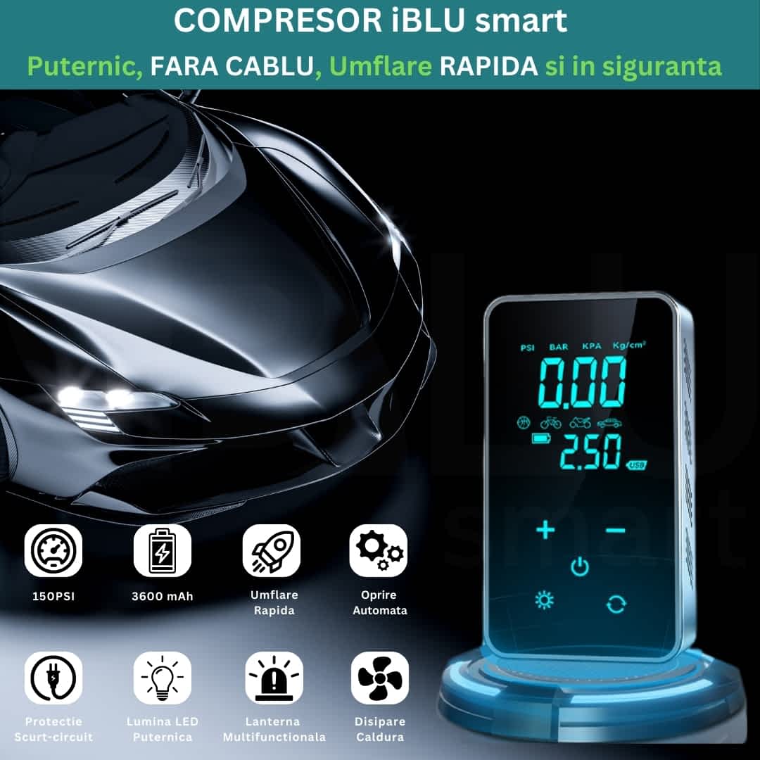Compresor Auto Digital Portabil 6 în 1 iBLU smart, Multifuncțional, cu Lumină LED, Funcție Power Bank, Ecran LED Full-Touch, 101-150PSI, 12V, Oprire automată, 4 Moduri Presetate, 4 Capete și Săculeț Transport incluse, Încărcare USB-C, 45W, 410grame, Negru