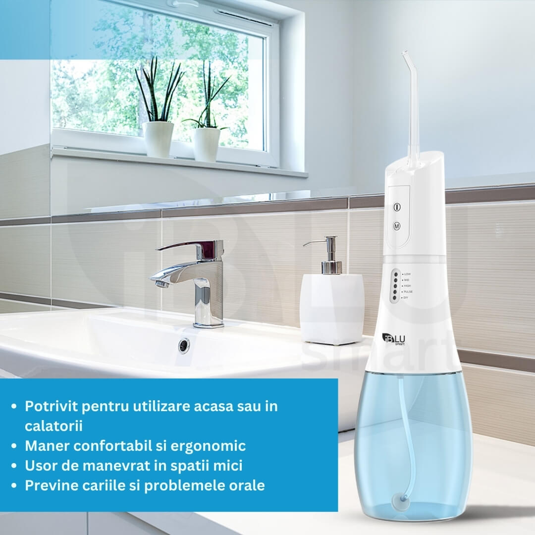 Irigator Oral Profesional pentru Duș bucal iBLU smart, Portabil, 1400-1800 Pulsatii/min, 6 Capete cu Rotație 360, 5 Programe de Lucru, Rezervor cu Gravity Ball Complet Detașabil 400 ml, IPX7 Waterproof, Timer 2min, Încărcare USB-C, Baterie 1100 mAh, Alb
