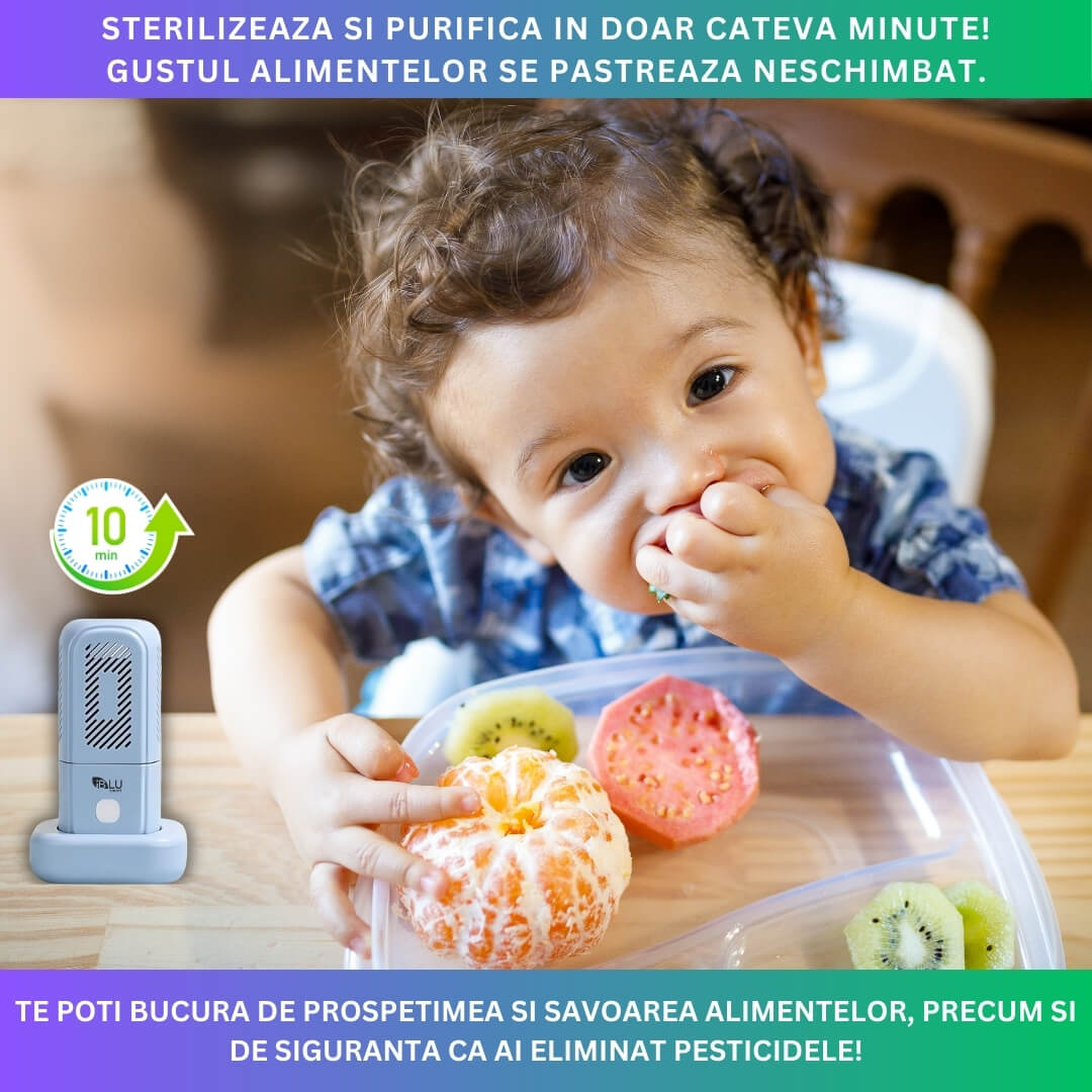 Purificator Alimente iBLU smart, Curatare, Sterilizare, Dezinfectare Fructe, Legume, Cereale sau Carne, Indeparteaza 99% din Bacterii, Pesticide si Hormonii din Mancare, Tehnologie OH-Ion, Portabil, IPX7 Incarcare Wireless prin Inductie, Albastru