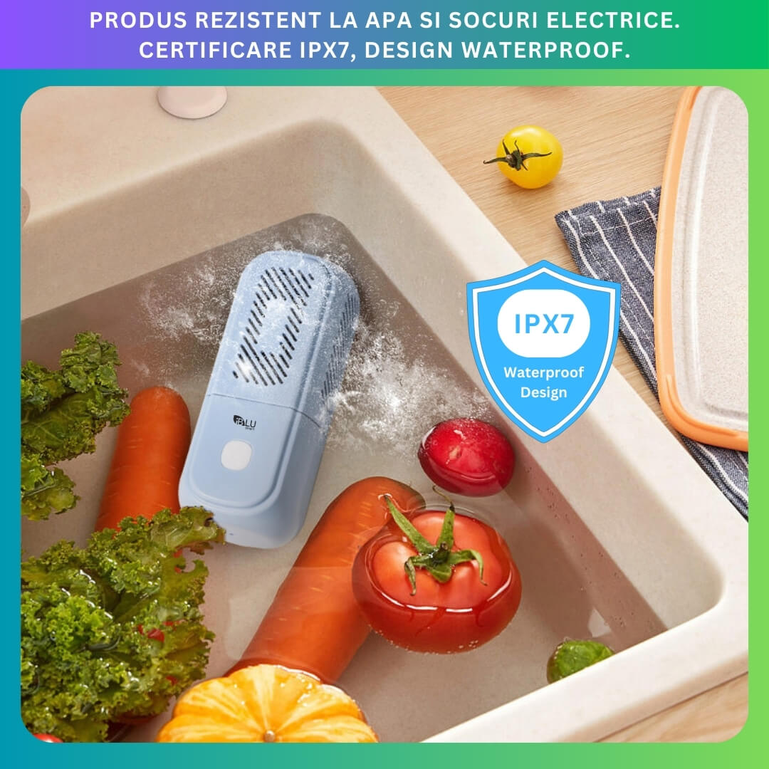 Purificator Alimente iBLU smart, Curatare, Sterilizare, Dezinfectare Fructe, Legume, Cereale sau Carne, Indeparteaza 99% din Bacterii, Pesticide si Hormonii din Mancare, Tehnologie OH-Ion, Portabil, IPX7 Incarcare Wireless prin Inductie, Albastru