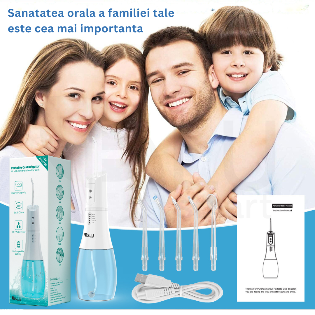 Irigator Oral Profesional pentru Duș bucal iBLU smart, Portabil, 1400-1800 Pulsatii/min, 6 Capete cu Rotație 360, 5 Programe de Lucru, Rezervor cu Gravity Ball Complet Detașabil 400 ml, IPX7 Waterproof, Timer 2min, Încărcare USB-C, Baterie 1100 mAh, Alb