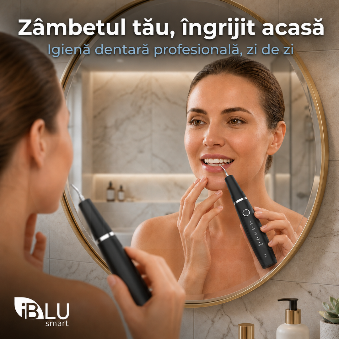 Femeie zâmbind în oglindă după utilizarea aparatului de detartraj ultrasonic iBLU smart acasă