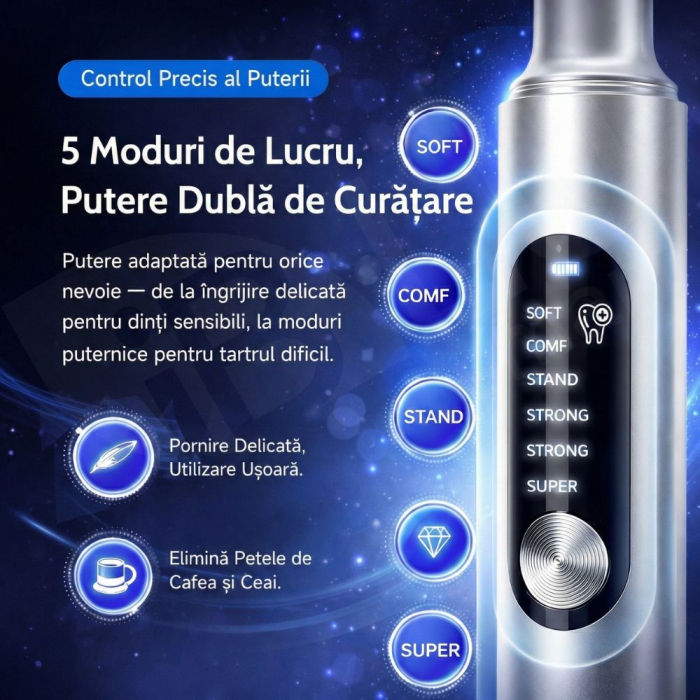 Aparat Detartraj Ultrasonic iBLU smart pentru Curatare Dentara, Sterilizare UV si Iluminare LED, 5 Moduri de Intensitate, Eliminare Tartru si Placa Bacteriana, Tehnologie Smart Chip (Protecție Gingii) Corp Metalic Aerospațial, IPX6, Fără Fir, Argintiu [4]