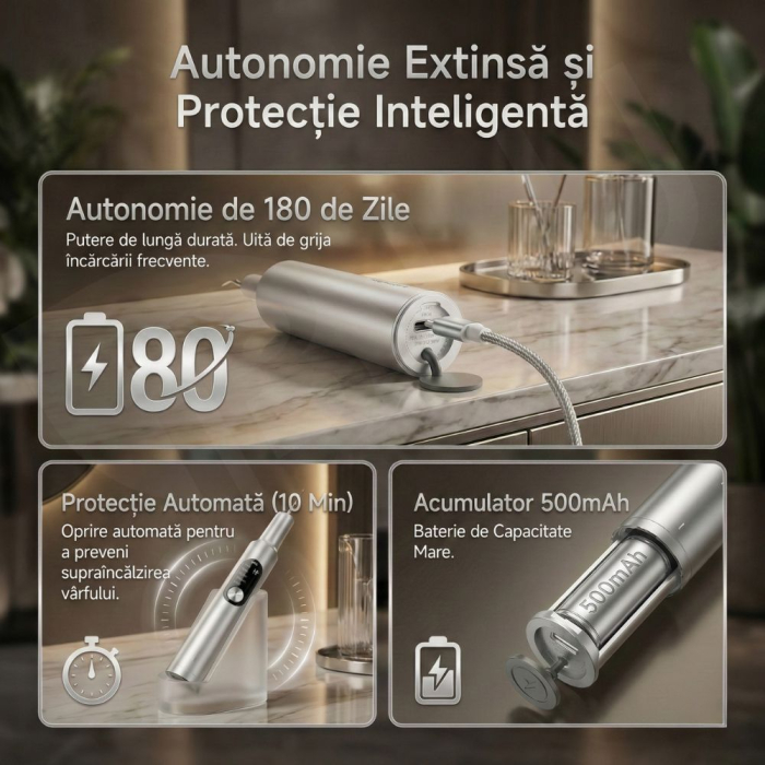 Aparat Detartraj Ultrasonic iBLU smart pentru Curatare Dentara, Sterilizare UV si Iluminare LED, 5 Moduri de Intensitate, Eliminare Tartru si Placa Bacteriana, Tehnologie Smart Chip (Protecție Gingii) Corp Metalic Aerospațial, IPX6, Fără Fir, Argintiu [9]