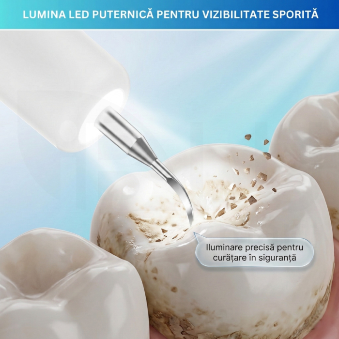 Aparat pentru Eliminare Tartru iBLU smart, Detartraj Ultrasonic, Eliminare Placa Bacteriana, 5 Moduri pentru Curatarea Dintilor, 3 Capete Curatare si Oglinda Dentara Incluse, Lumina LED Puternica, Portabil si Reincarcabil, Rezistent la Apa, Alb [7]