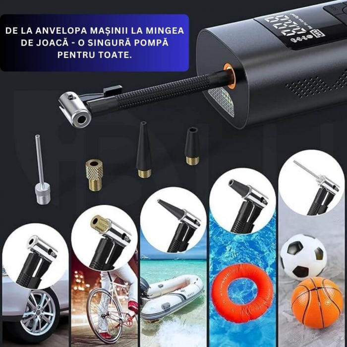 Compresor Auto Profesional Wireless iBLU smart, Portabil, Tehnologie Dublu-Cilindru pentru Umflare Rapida, 25L/min, 150 PSI, Auto-Off, Powerbank, Lanterna LED 3 Moduri, 5 Moduri Presetate pentru Auto, Moto, Biciclete, Mingi, Baterie 4000mAh, USB-C, Negru [7]