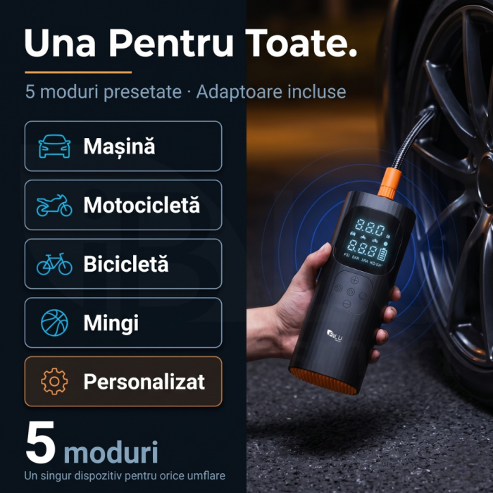 Compresor Auto Profesional Wireless iBLU smart, Portabil, Tehnologie Dublu-Cilindru pentru Umflare Rapida, 25L/min, 150 PSI, Auto-Off, Powerbank, Lanterna LED 3 Moduri, 5 Moduri Presetate pentru Auto, Moto, Biciclete, Mingi, Baterie 4000mAh, USB-C, Negru [3]