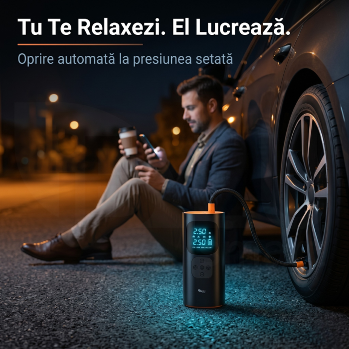 Compresor Auto Profesional Wireless iBLU smart, Portabil, Tehnologie Dublu-Cilindru pentru Umflare Rapida, 25L/min, 150 PSI, Auto-Off, Powerbank, Lanterna LED 3 Moduri, 5 Moduri Presetate pentru Auto, Moto, Biciclete, Mingi, Baterie 4000mAh, USB-C, Negru [6]