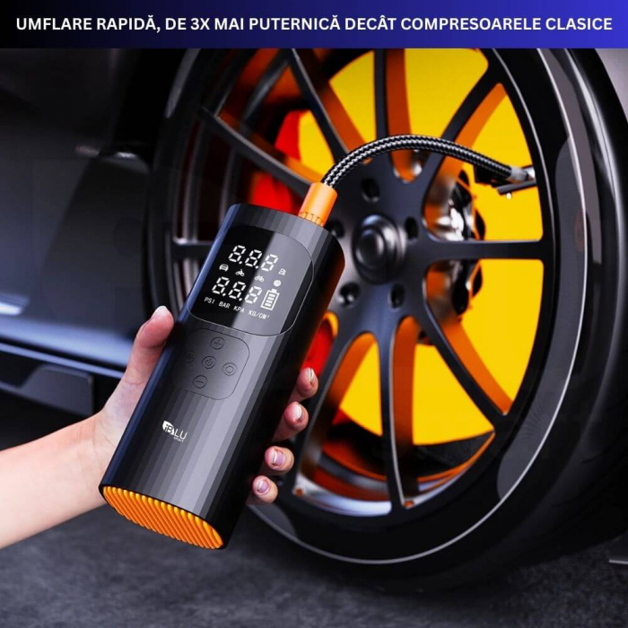 Compresor Auto Profesional Wireless iBLU smart, Portabil, Tehnologie Dublu-Cilindru pentru Umflare Rapida, 25L/min, 150 PSI, Auto-Off, Powerbank, Lanterna LED 3 Moduri, 5 Moduri Presetate pentru Auto, Moto, Biciclete, Mingi, Baterie 4000mAh, USB-C, Negru [3]