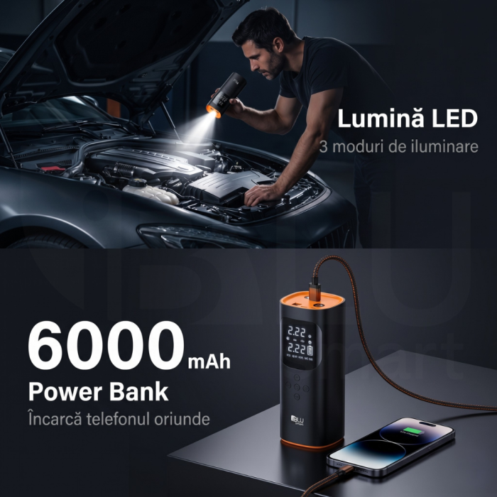 Compresor Auto Profesional Wireless iBLU smart, Portabil, Tehnologie Dublu-Cilindru pentru Umflare Rapida, 25L/min, 150 PSI, Auto-Off, Powerbank, Lanterna LED 3 Moduri, 5 Moduri Presetate pentru Auto, Moto, Biciclete, Mingi, Baterie 4000mAh, USB-C, Negru [7]