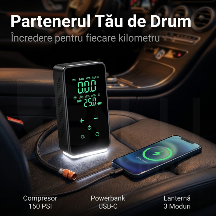 Compresor Auto Digital Portabil 6 în 1 cu Ecran LED Full-Touch, Multifuncțional [5]