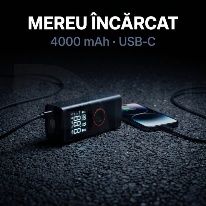 Compresor Auto Profesional Wireless iBLU smart, Portabil, Tehnologie Dublu-Cilindru pentru Umflare Rapida, 25L/min, 150 PSI, Auto-Off, Powerbank, Lanterna LED 3 Moduri, 5 Moduri Presetate pentru Auto, Moto, Biciclete, Mingi, Baterie 4000mAh, USB-C, Negru [8]