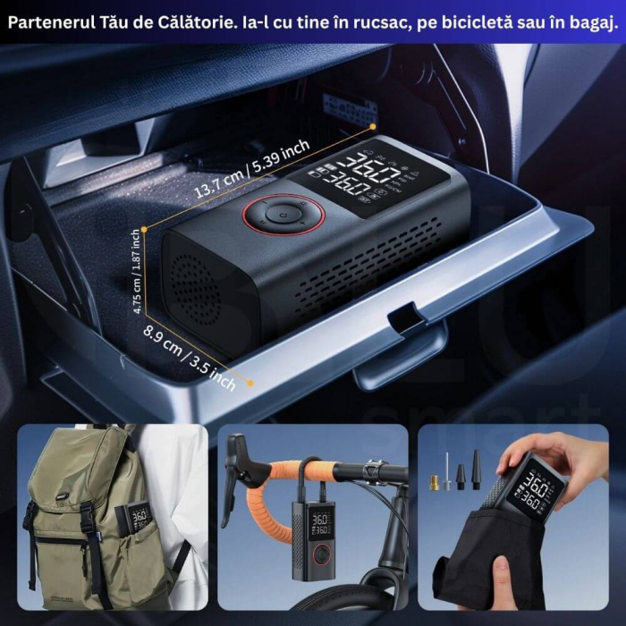 Compresor Auto Profesional Wireless iBLU smart, Portabil, Tehnologie Dublu-Cilindru pentru Umflare Rapida, 25L/min, 150 PSI, Auto-Off, Powerbank, Lanterna LED 3 Moduri, 5 Moduri Presetate pentru Auto, Moto, Biciclete, Mingi, Baterie 4000mAh, USB-C, Negru [10]