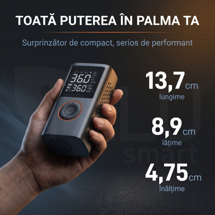Compresor Auto Profesional Wireless iBLU smart, Portabil, Tehnologie Dublu-Cilindru pentru Umflare Rapida, 25L/min, 150 PSI, Auto-Off, Powerbank, Lanterna LED 3 Moduri, 5 Moduri Presetate pentru Auto, Moto, Biciclete, Mingi, Baterie 4000mAh, USB-C, Negru [3]