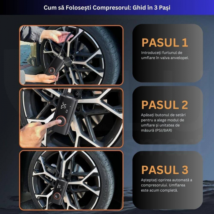 Compresor Auto Profesional Wireless iBLU smart, Portabil, Tehnologie Dublu-Cilindru pentru Umflare Rapida, 25L/min, 150 PSI, Auto-Off, Powerbank, Lanterna LED 3 Moduri, 5 Moduri Presetate pentru Auto, Moto, Biciclete, Mingi, Baterie 4000mAh, USB-C, Negru [7]