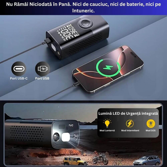 Compresor Auto Profesional Wireless iBLU smart, Portabil, Tehnologie Dublu-Cilindru pentru Umflare Rapida, 25L/min, 150 PSI, Auto-Off, Powerbank, Lanterna LED 3 Moduri, 5 Moduri Presetate pentru Auto, Moto, Biciclete, Mingi, Baterie 4000mAh, USB-C, Negru [3]