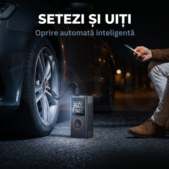 Compresor Auto Profesional Wireless iBLU smart, Portabil, Tehnologie Dublu-Cilindru pentru Umflare Rapida, 25L/min, 150 PSI, Auto-Off, Powerbank, Lanterna LED 3 Moduri, 5 Moduri Presetate pentru Auto, Moto, Biciclete, Mingi, Baterie 4000mAh, USB-C, Negru [7]