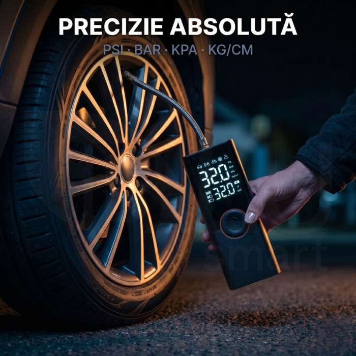 Compresor Auto Profesional Wireless iBLU smart, Portabil, Tehnologie Dublu-Cilindru pentru Umflare Rapida, 25L/min, 150 PSI, Auto-Off, Powerbank, Lanterna LED 3 Moduri, 5 Moduri Presetate pentru Auto, Moto, Biciclete, Mingi, Baterie 4000mAh, USB-C, Negru [6]