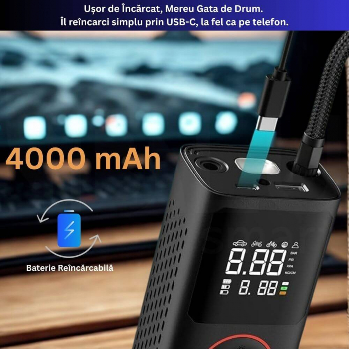 Compresor Auto Profesional Wireless iBLU smart, Portabil, Tehnologie Dublu-Cilindru pentru Umflare Rapida, 25L/min, 150 PSI, Auto-Off, Powerbank, Lanterna LED 3 Moduri, 5 Moduri Presetate pentru Auto, Moto, Biciclete, Mingi, Baterie 4000mAh, USB-C, Negru [8]