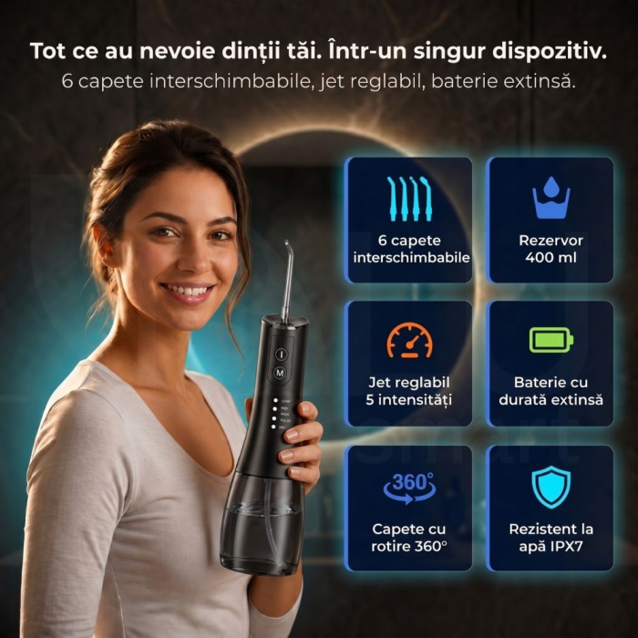Irigator Oral Profesional pentru Duș Bucal cu Rezervor Detașabil, Portabil, 6 Capete, Negru [6]