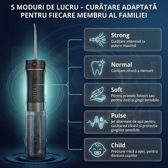 Irigator Oral Profesional Slim pentru Duș Bucal cu Rezervor Retractabil si Gravity Ball, 4 Capete, Negru [5]