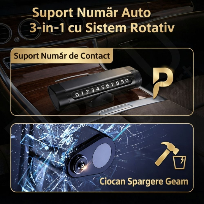 Suport Număr Telefon Auto iBLU smart™ 3-în-1 cu Cifre Rotative (Rulou), Privacy Mode, Ciocan Urgență Tungsten cu Arc (Spargere geam lateral fără efort), Cutter Centură, Include Geam Testare, Aluminiu, Rezistent la temperaturi înalte, Negru [2]