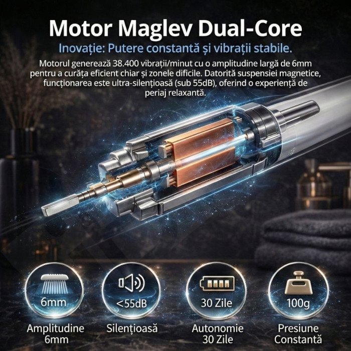 Periuță de Dinți Electrică Sonică iBLU smart, Motor Maglev 38.400 VPM, 5 Moduri de Curățare, Timer Inteligent, Pachet Complet cu 6 Rezerve și Toc de Transport, Autonomie 30 Zile, Încărcare Wireless, Waterproof IPX7, Alb [6]