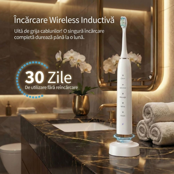 Periuță de Dinți Electrică Sonică iBLU smart, Motor Maglev 38.400 VPM, 5 Moduri de Curățare, Timer Inteligent, Pachet Complet cu 6 Rezerve și Toc de Transport, Autonomie 30 Zile, Încărcare Wireless, Waterproof IPX7, Alb [5]