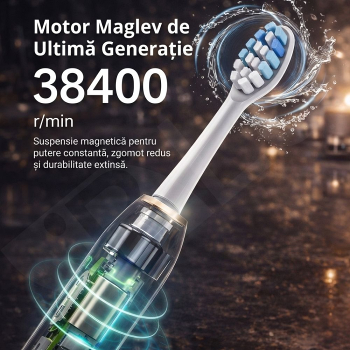 Periuță de Dinți Electrică Sonică iBLU smart, Motor Maglev 38.400 VPM, 5 Moduri de Curățare, Timer Inteligent, Pachet Complet cu 6 Rezerve și Toc de Transport, Autonomie 30 Zile, Încărcare Wireless, Waterproof IPX7, Alb [10]