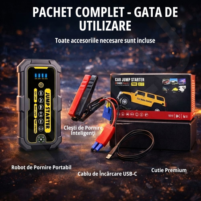 Starter Auto Portabil, 500A–1000A, 6000mAh, Power Bank, Lanternă LED, Protecție Anti-Scântei, Gri/Galben [8]