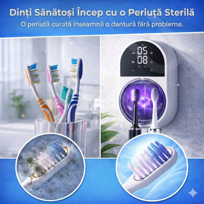 Sterilizator UV Inteligent si Suport Periute iBLU smart™ cu Uscare, Functie Touchless (Senzor), Deschidere Automata, Sterilizare Automata Dimineata/Seara, Display LED cu Ceas, Acumulator 2000mAh, Incarcare USB-C, Alb/Negru [4]