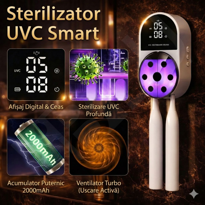 Sterilizator UV Inteligent si Suport Periute iBLU smart™ cu Uscare, Functie Touchless (Senzor), Deschidere Automata, Sterilizare Automata Dimineata/Seara, Display LED cu Ceas, Acumulator 2000mAh, Incarcare USB-C, Alb/Negru [6]