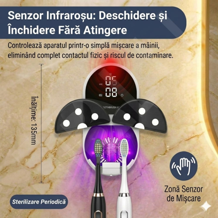Sterilizator UV Inteligent si Suport Periute iBLU smart™ cu Uscare, Functie Touchless (Senzor), Deschidere Automata, Sterilizare Automata Dimineata/Seara, Display LED cu Ceas, Acumulator 2000mAh, Incarcare USB-C, Alb/Negru [7]