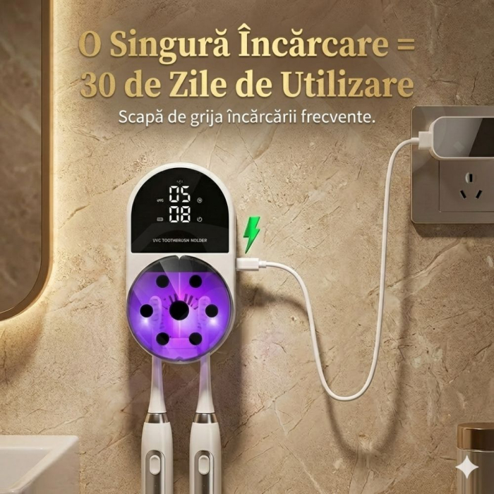 Sterilizator UV Inteligent si Suport Periute iBLU smart™ cu Uscare, Functie Touchless (Senzor), Deschidere Automata, Sterilizare Automata Dimineata/Seara, Display LED cu Ceas, Acumulator 2000mAh, Incarcare USB-C, Alb/Negru [8]