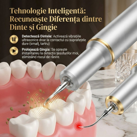 Aparat Detartraj Ultrasonic iBLU smart pentru Curatare Dentara, Sterilizare UV si Iluminare LED, 5 Moduri de Intensitate, Eliminare Tartru si Placa Bacteriana, Tehnologie Smart Chip (Protecție Gingii) Corp Metalic Aerospațial, IPX6, Fără Fir, Argintiu [6]