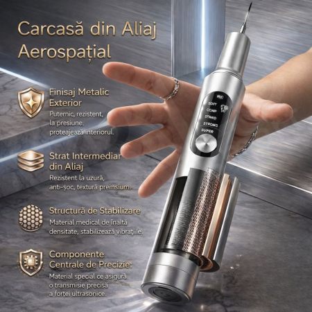Aparat Detartraj Ultrasonic iBLU smart pentru Curatare Dentara, Sterilizare UV si Iluminare LED, 5 Moduri de Intensitate, Eliminare Tartru si Placa Bacteriana, Tehnologie Smart Chip (Protecție Gingii) Corp Metalic Aerospațial, IPX6, Fără Fir, Argintiu [7]