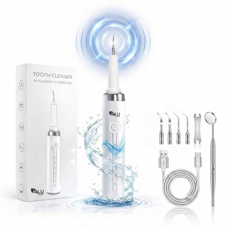 Aparat pentru Eliminare Tartru iBLU smart, Detartraj Ultrasonic, Eliminare Placa Bacteriana, 5 Moduri pentru Curatarea Dintilor, 3 Capete Curatare si Oglinda Dentara Incluse, Lumina LED Puternica, Portabil si Reincarcabil, Rezistent la Apa, Alb [0]