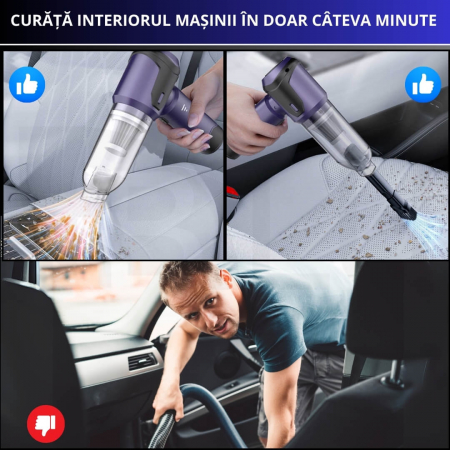 Aspirator Auto 4 in 1 Wireless iBLU Smart, Portabil, Putere 110W, Aspirare 16.000Pa, Motor Brushless, 3 Trepte de Viteza, Functie Suflanta 90000 RPM, 8 Accesorii pentru Aspirare Praf, Suflare si Vidare, Filtru Hepa Lavabil, Baterie 6000 mAh, Negru/Mov [2]