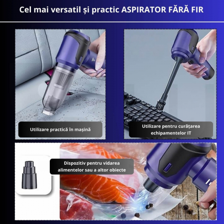 Aspirator Auto 4 in 1 Wireless iBLU Smart, Portabil, Putere 110W, Aspirare 16.000Pa, Motor Brushless, 3 Trepte de Viteza, Functie Suflanta 90000 RPM, 8 Accesorii pentru Aspirare Praf, Suflare si Vidare, Filtru Hepa Lavabil, Baterie 6000 mAh, Negru/Mov [4]