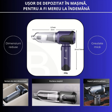 Aspirator Auto 4 in 1 Wireless iBLU Smart, Portabil, Putere 110W, Aspirare 16.000Pa, Motor Brushless, 3 Trepte de Viteza, Functie Suflanta 90000 RPM, 8 Accesorii pentru Aspirare Praf, Suflare si Vidare, Filtru Hepa Lavabil, Baterie 6000 mAh, Negru/Mov [6]