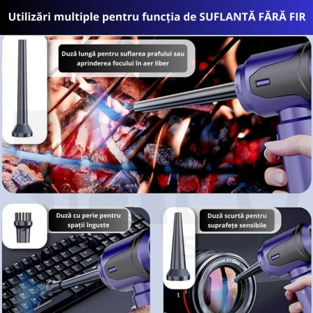 Aspirator Auto 4 in 1 Wireless iBLU Smart, Portabil, Putere 110W, Aspirare 16.000Pa, Motor Brushless, 3 Trepte de Viteza, Functie Suflanta 90000 RPM, 8 Accesorii pentru Aspirare Praf, Suflare si Vidare, Filtru Hepa Lavabil, Baterie 6000 mAh, Negru/Mov [5]